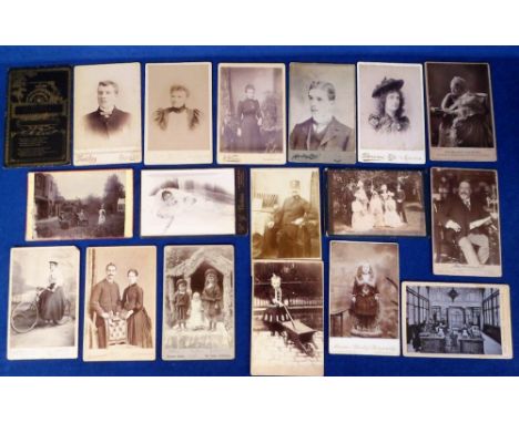 Cabinet Photographs, 18 cards showing a range of subjects to include cycling, families, café, children, wedding, military, mo