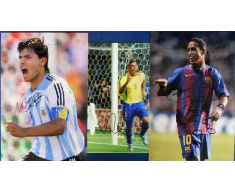 Football autographs, three colour match action photographs showing Sergio Aguero playing for Argentina (12" x 8"), Ronaldinho