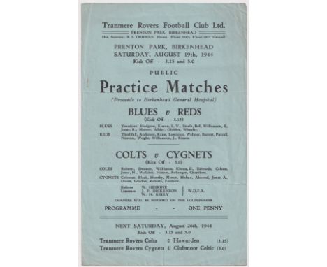 Football programme, Tranmere Rovers, single sheet issue for public practice matches, Blues v Reds (First Team) &amp; Colts v 