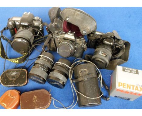 Cameras, Nikon F80 with Nikon AF 28 - 100 Zoom, Skylight filter and shoulder bag, Pentax MZ - 10 with Pentax 28 - 70 Zoom, Pe