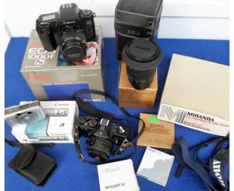 Cameras, to include Canon EOS 1000FN EF 25-80 F/4 - 5.6 ultrasonic lens plus Hitech 52mm skylight filter, Sigma 28-200 F/3.8 