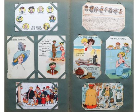 Postcards, a vintage album of approx 131 mixed subject cards incl. comic (prison, marriage), novelty (hair, whip, embossed), 