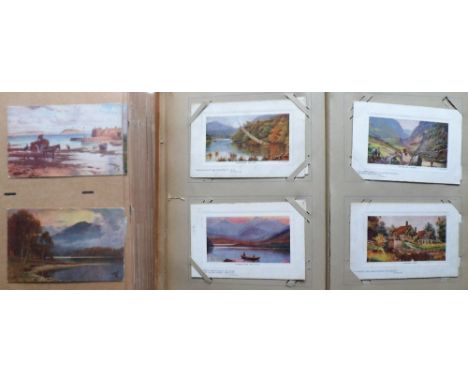 Postcards, a large collection of over 400 cards in 2 vintage albums, the majority published by Tuck incl. scenic views, UK ro