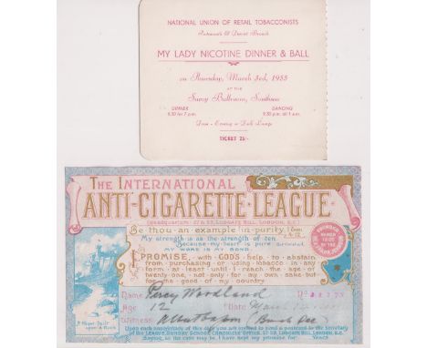 Tobacco related ephemera, International Anti-Cigarette League Certificate dated 1901 issued to children promising not to smok
