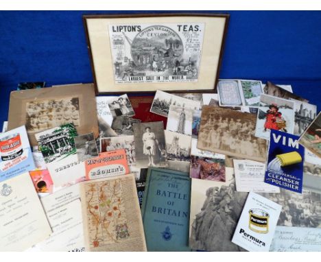 Ephemera, 160+ items to include 1877 calendar, Sunlight, Vim and Lux advertising inserts, Lipton's Tea (1896), 1950s advertis