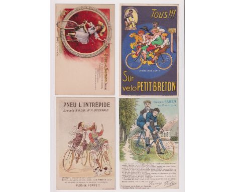 Postcards, Advertising, Cycling, 4 foreign cards, Petit-Breton Dunlop, Siedel &amp; Naumann, Pneu L’Intrepide, Francois Faber