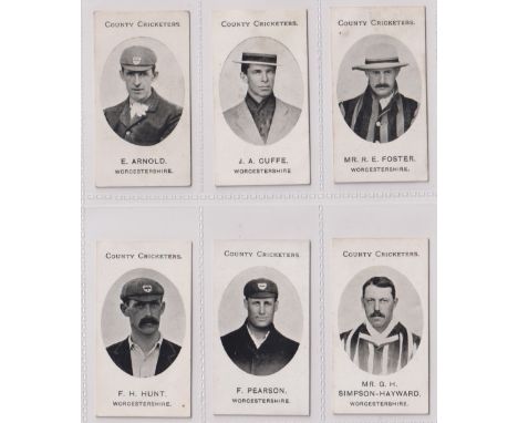 Cigarette cards, Taddy, County Cricketers,  Worcestershire, 6 cards, E Arnold, J A Cuffe, Mr R E Foster, P F Hunt, F Pearson 