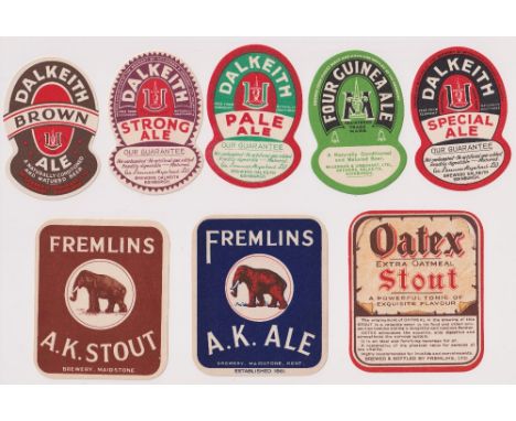 Beer labels, McLennan &amp; Urquhart, Edinburgh, shaped oval, 81mm high, Four Guinea Ale, Strong Ale, Special Ale, Brown Ale 