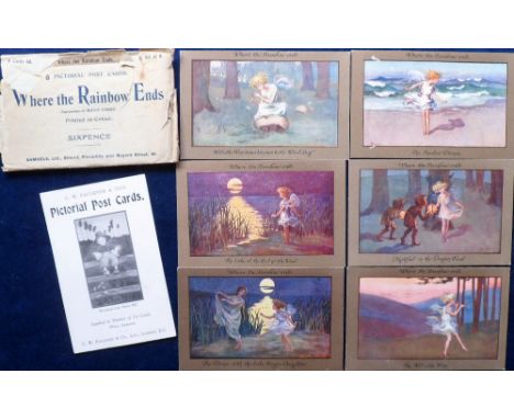 Postcards, a set of 6 cards illustrated by Barham from the C W Faulkner series 1218 'Where the Rainbow Ends' with fairies and