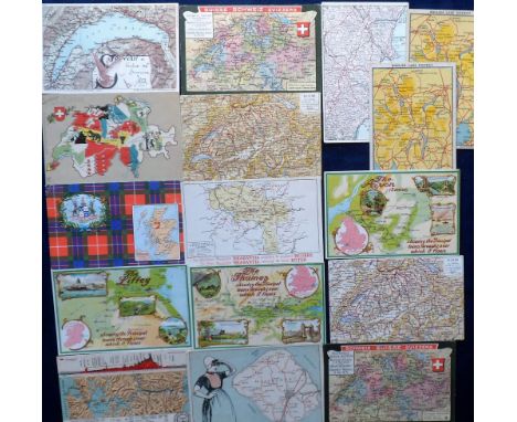 Postcards, Maps, a selection of 16 vintage cards of maps all coloured including Switzerland (cantons), Swiss Rail, Devon (G W