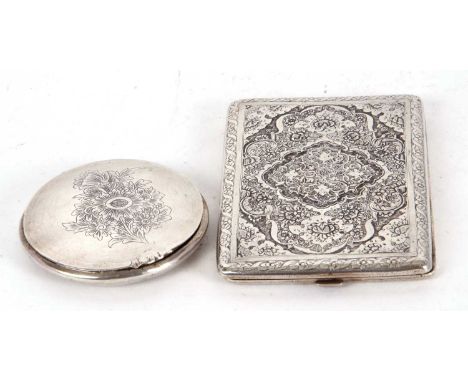 Mixed Lot: An Eastern white metal cigarette case of rectangular form elaborately chased and engraved all over with flowers an