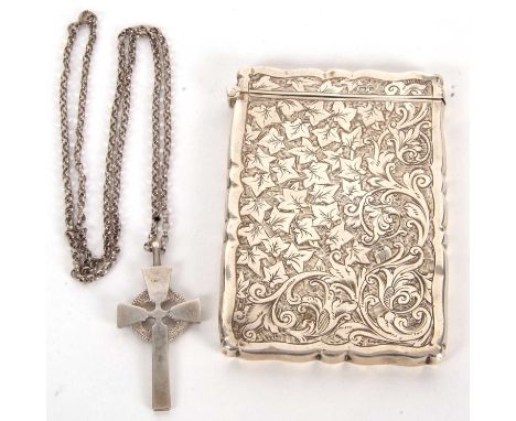 Mixed Lot: A Edwardian silver card case, engraved and chased all over with a leaf and scroll design, one side with a vacant c