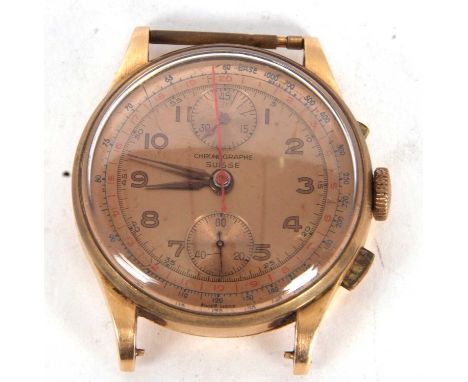 A high grade yellow metal chrongraph Suisse gents wristwatch, stamped on the outside of the case back 18k and .750, it has a 