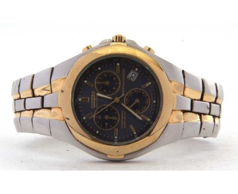 A Citizen Ecodrive chronograph WR100 gents wristwatch, stainless steel case and bracelet, Eco-drive movement, blue dial with 