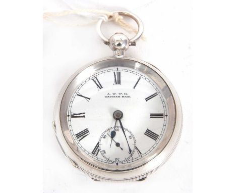 A Waltham &amp; Co silver cased pocket watch, key wound movement, numbered 6982243 and stamped Waltham Mass, white enamel dia