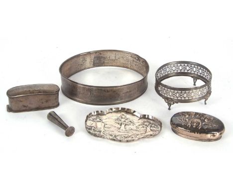 Mixed Lot:  A Victorian silver embossed trinket dish, a hallmarked silver oval dish rim, a pierced silver bottle stand, an ov