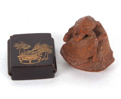 Mixed Lot: A 19th Century Japanese laquered inro comprised of four flattened segments decorated with feeding cranes one side 