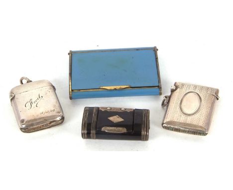 Mixed Lot: An Edwardian silver vesta of plain polished form, the front engraved "FRED" and dated 25th December 08, hallmarked