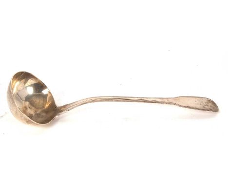 A George III silver soup ladle, fiddle and thread pattern, engraved with a crest and having an oval shaped bowl, hallmarked L