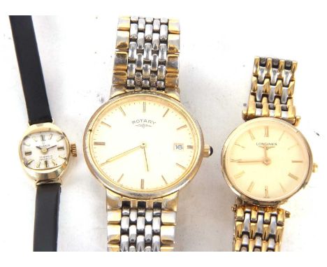 Three wristwatches to include a Rotary, a Longines and a Helbros, the Helbros watch has a crown wound movement and is stamped