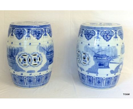 2 large blue and white Chinese style seat/lamp tables 47cm high