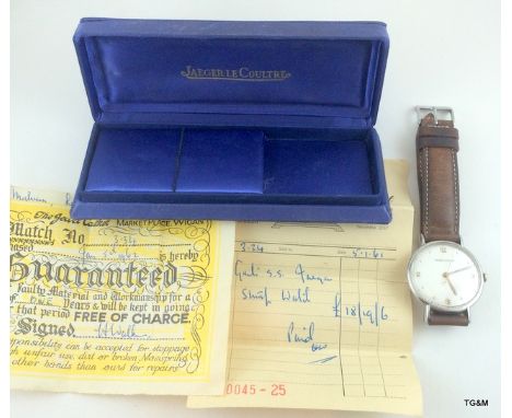 Gents Jaeger Lecoultre wristwatch in original box with receipt dated 1961 and original guarantee, 35mm dia