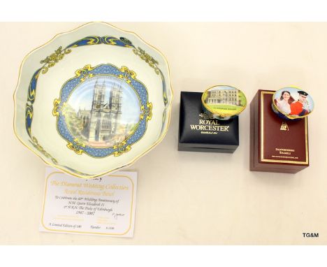 An Aynsley Royal Residents bowl , Royal Worcester Clarence house, Staffordshire enamels and Will and Kate trinket boxes (£275