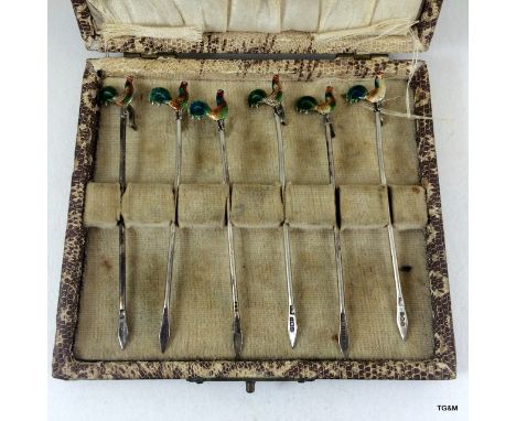 Boxed silver & enamel hallmarked cocktail sticks in the form of cockrels