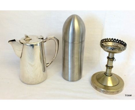 3 pieces of silver plate to include Mappin and Webb water jug, Dunhill bullet cocktail shaker and candlestick