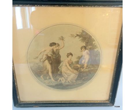 A coloured lithograph depicting cherubs and maidens 45 x 45cm