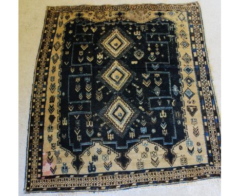 An antique Sirjan carpet 3 medallion in cream and ink blue 184 x 154cm