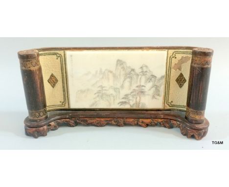 Chinese bamboo table screen with white porcelain hand painted and signed panel c1900