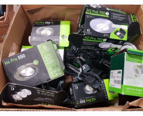 A BOX CONTAINING ASSORTED LIGHT FITTINGS INCLUDING H2 PRO 700 H2 PRO 550 ETC