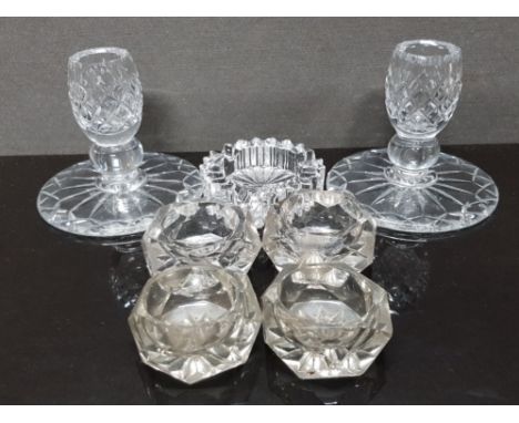PAIR OF WEBB CORBETT LEADED GLASS CANDLE HOLDERS TOGETHER WITH VINTAGE GLASS ASHTRAY AND 4 TEA LIGHT HOLDERS