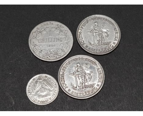4 SILVER SOUTH AFRICAN COINS, SHILLINGS DATED 1896, 1934, 1950 AND 1945 3D