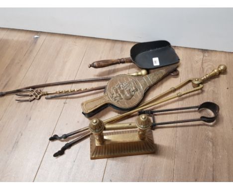 BRASS FIRE COMPANION TOOLS WITH SMALL BELLOWS AND ANDIRON