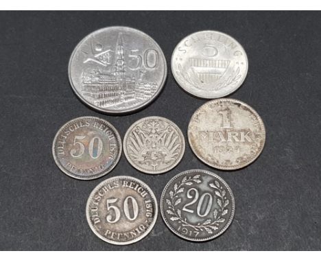 4 ANTIQUE AND 2 VINTAGE GERMAN/AUSTRIAN SILVER COINS AND A SILVER BELGIUM 50 FRANC COIN