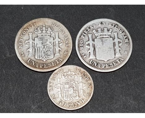 3 ANTIQUE SPANISH SILVER COINS 1/2 PESETA 1880 AND 1 PESETA 1870 AND 1891