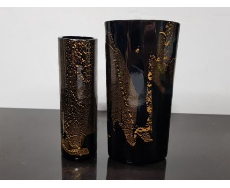 TUBE VASE AND ELIPTIC ART GLASS VASE BY STUART STRATHEARN IN THE EBONY AND GOLD PATTERN DESIGN BY ISLWYN DAVIES