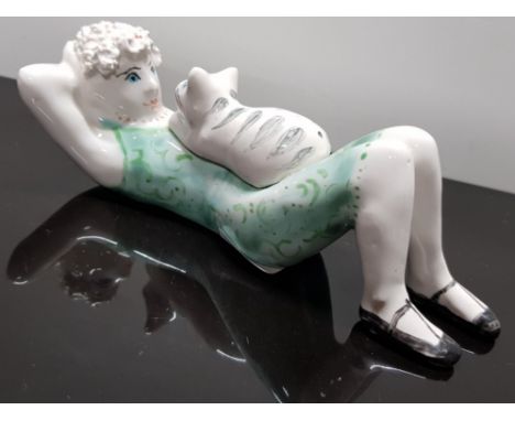 ART DECO STYLE FIGURE OF LADY LYING G DOWN WITH CAT SIGNED R. COX