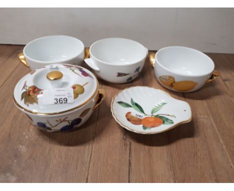 5 ROYAL WORCESTER EVESHAM SMALL BOWLS, 1 WITH LID AND SPOON REST