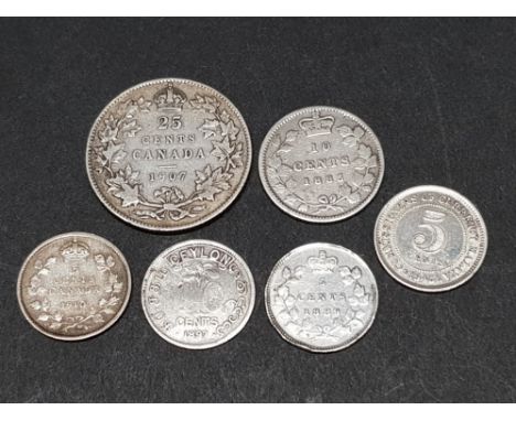 4 ANTIQUE CANADIAN SILVER COINS PLUS SILVER CEYLON 1897 10 CENTS AND SILVER MALAYA 1945 5 CENTS COIN