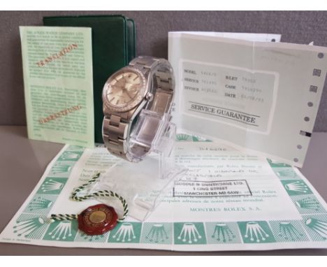 MIDSIZE 31MM ROLEX OYSTER DATE PRECISION AUTOMATIC WATCH WITH SILVER DIAL AND DIAMOND BEZEL WITH OYSTER STRAP YEAR 1987 IN GO