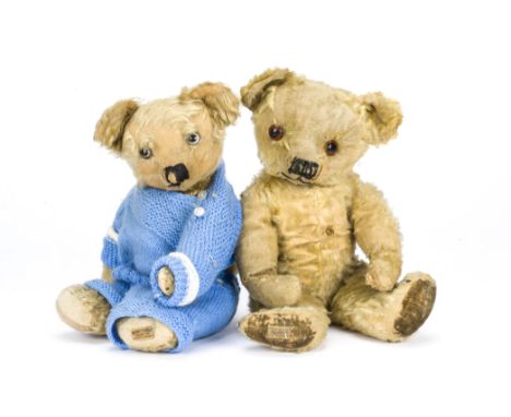 Two 1930s Merrythought teddy bears, with golden mohair, one with velvet pads, both with button in ear and woven labels —16½in