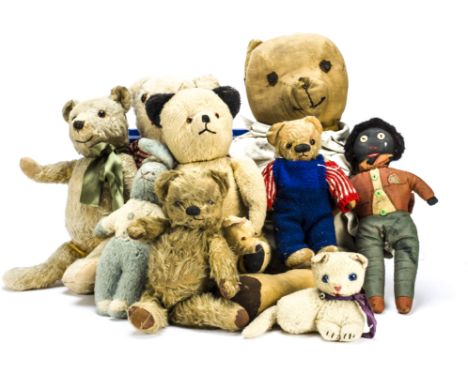 A collection of teddy bears, Including a 1930s Chiltern type —19in. (48cm.) high; two small Chad Valley bears; a Golly; a blu