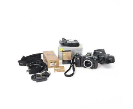 Nikon F-801 camera body serial no. 2010504, together with Nikon accessories, including wireless transmitter WT-1, focusing sc