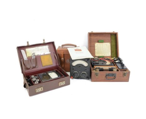 Three Universal Avometers, including one model 40 with instructions contained within a wooden box, together with a Salford El