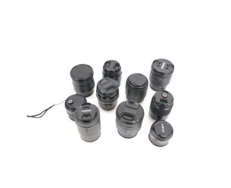 Ten camera lenses, comprising Minolta AF Zoom Xi 28-105mm 1:3.5 (22)-4.5 , Tamron AF Aspherical 28-200mm 1:3.8-5.6, two Tamro