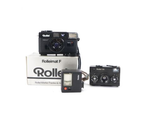 Two Rollei 35mm compact film cameras made in Singapore, the first  a Rolleimat F with Rolleinon 2.8/38mm lens serial no. 0404
