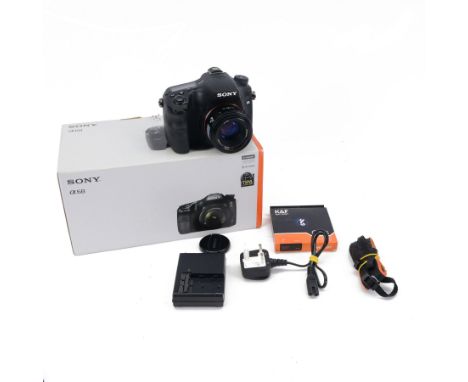 Sony Alpha A68 DSLR camera serial no. 3069011, with a Minolta AF 50mm 1:1.7 lens serial no. 1684887, boxed with charger, inst